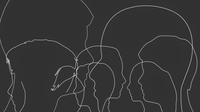 Social media network. Outline human silhouettes. Overlay heads. Digital, interactive and global communication concept. Thin line drawing