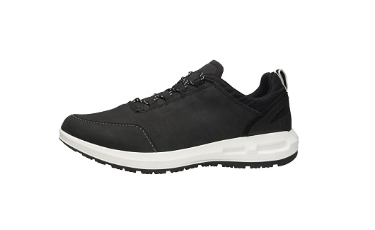New running sneaker in cold weather isolated on white background. Men sport footwear for everyday use. Athletic unbranded workout gym shoes with white sole. Modern black leather trainers for training.