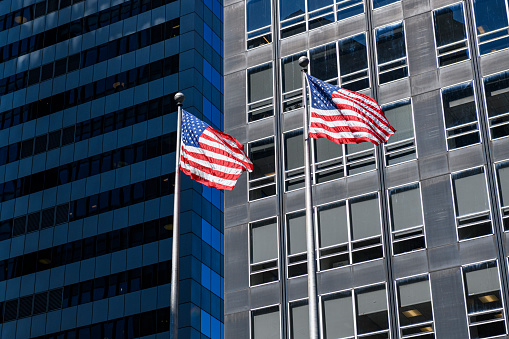 Flags of the United States in the financial district of Manhattan, New York City