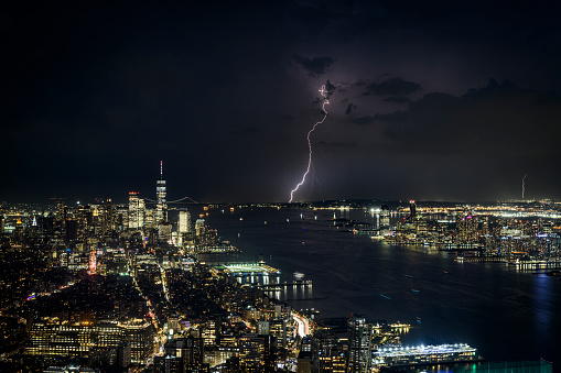 Storm and lightning above the skyline of New York City and Jersey City