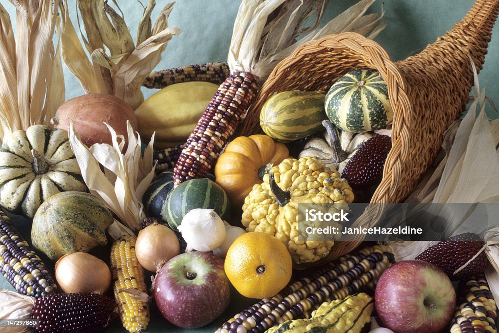 Cornucopia of fall decorative fruits Cornucopia of fall decorative fruits.  Wicker cornucopia stuffed with a many varieties of decorative gourds and indian corn with some strawberry corn, apples, oranges and a few onions.  Corn and gourds cascade out to surround the wicker on mottled green background. Abundance Stock Photo