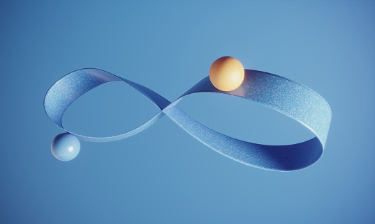 Orange colored ball standing and balancing on blue infinity ribbons on blue background. (3d render)