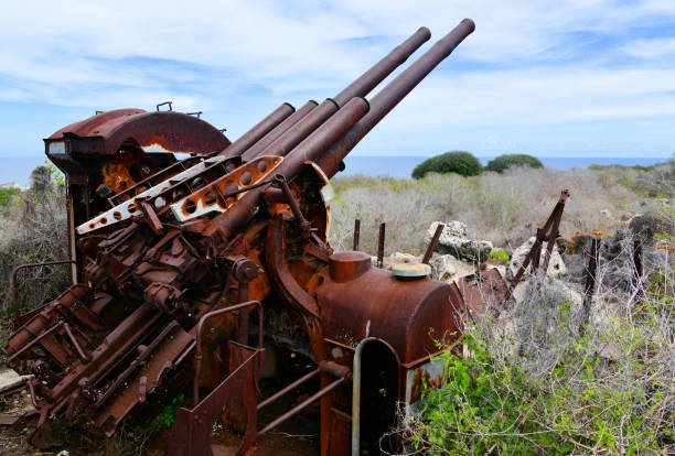 Aiwo District, Nauru: rusting Japanese guns atop a bunker on a hilltop near Command Ridge - Type-89 127mm AA Gun, used during World War II as protection against American air raids.