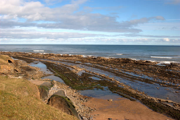 rocks on Cocklawburn beach in Northumberland in winters sun stock photo