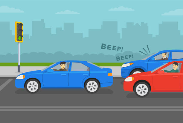 Young inexperienced driver causes traffic jam at a green traffic light. Impatient angry drivers honking and yelling to beginner. Young inexperienced driver causes traffic jam at a green traffic light. Impatient angry drivers honking and yelling to beginner. Flat vector illustration template. car traffic jam traffic driving stock illustrations