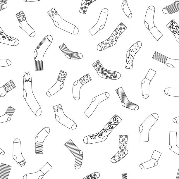 ilustraciones, imágenes clip art, dibujos animados e iconos de stock de patrón sin costuras con garabatos contorno calcetines ilustración vectorial - sock wool multi colored isolated
