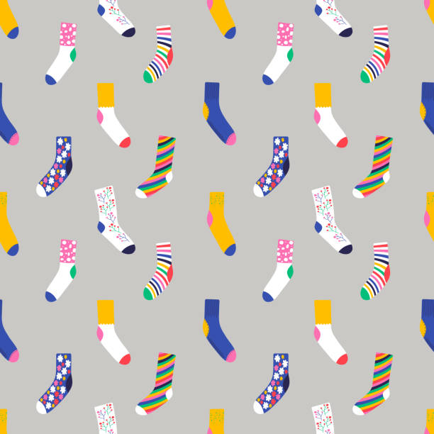 ilustraciones, imágenes clip art, dibujos animados e iconos de stock de patrón sin costuras con coloridos calcetines de moda ilustración vectorial - sock wool multi colored isolated