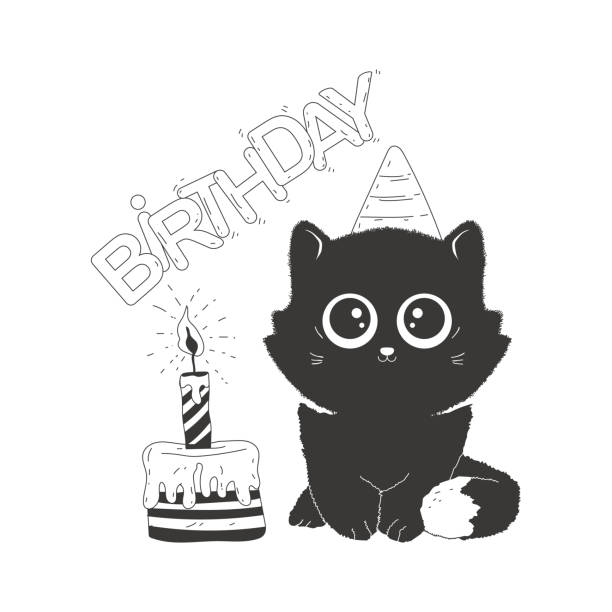 słodki czarny kot z tortem urodzinowym wektorowa postać z kreskówki na białym tle. - silhouette animal black domestic cat stock illustrations