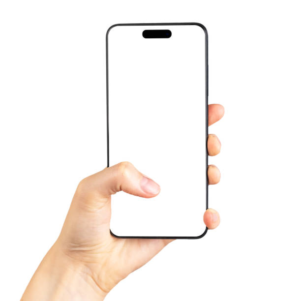 istock Mobile smart cell phone screen mockup, white blank smartphone display mock up template in hand with finger thumb tapping isolated on white background 1472980733