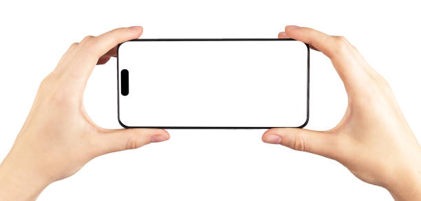 istock Mobile phone screen mockup. Hand holding smartphone horizontally for video app ad isolated on white background 1472980740