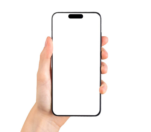 istock Mobile phone screen mockup, white smartphone display in hand. Smart cell isolated on white background 1472980742
