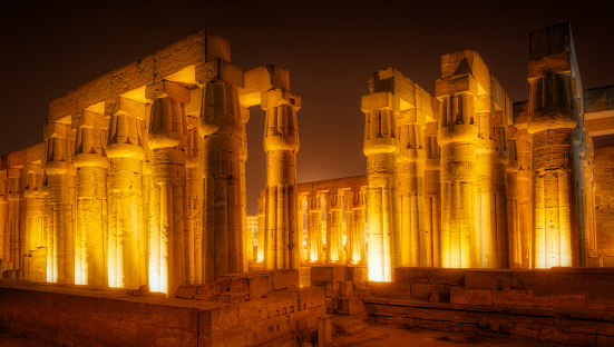 Illuminated Luxor Temple. The Peristyle Court of Amenhotep III and Hypostyle Hall