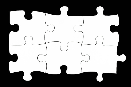Six white puzzle pieces isolated on black background. Concept of teamwork, solving problems
