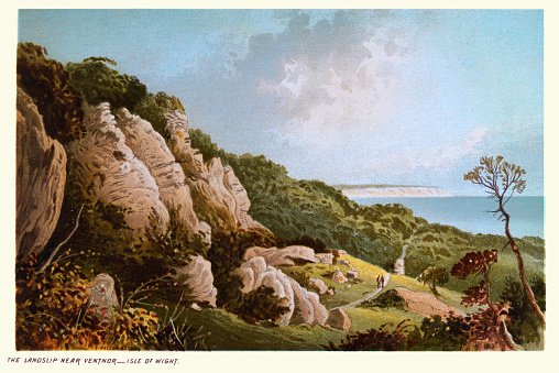 Vintage illustration The Landslip near Ventnor, Isle of Wight, Countryside footpath, coastline, 19th Century Victorian Landscape Art