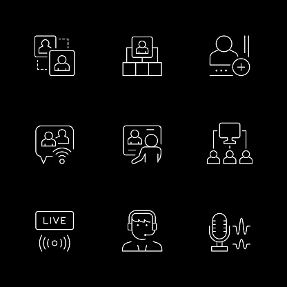 Set line icons of online meeting isolated on black. Video conference, webinar, remote work, teamwork, chat, web camera, digital call, group discussion. Vector illustration