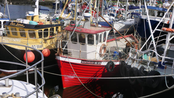 fischerboote und ausrüstung in redcastle harbour donegal - open country stock-fotos und bilder