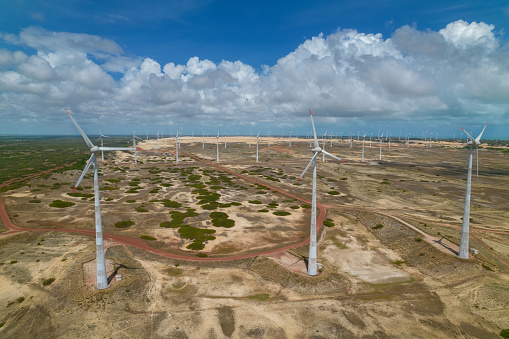 Aerial view of wind farm for power generation, Rio Grande do Norte, Brazil