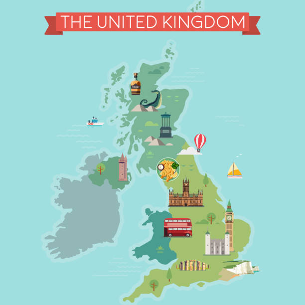 Map of United Kingdom with famous landmarks. Map of Great Britain, United Kingdom with famous landmarks. north downs stock illustrations