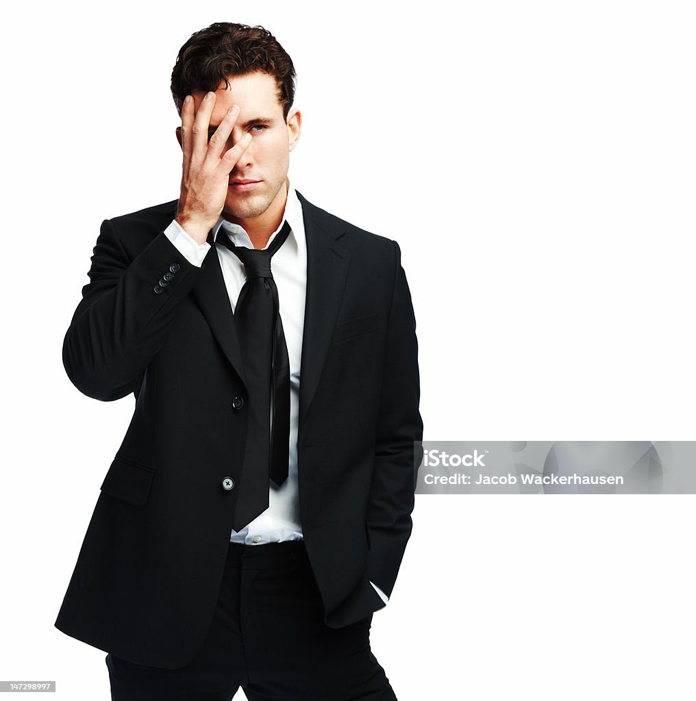 Geschäftsmann schaut tensed vor weißem Hintergrund - Lizenzfrei Vermögensberatung Stock-Foto