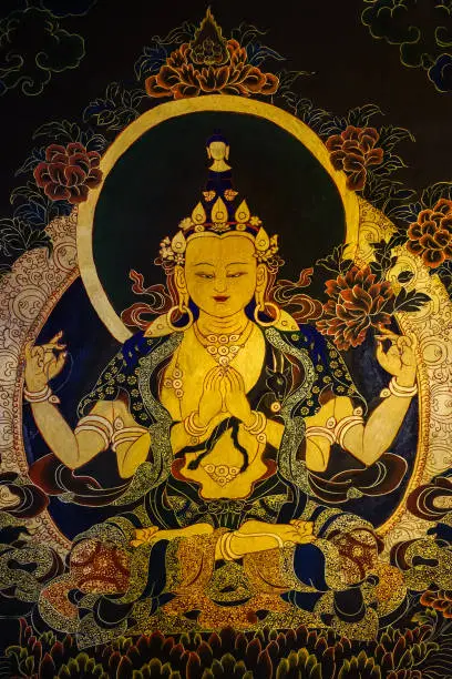 Mural paintings in the Buddhist monastery in Garze Tibetan Prefecture. Buddhist paintings (thangka) are visually captivating and impressive.