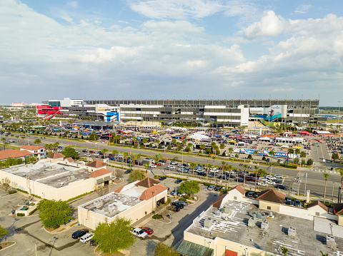 Daytona, FL, USA - March 10, 20223: Aerial photo of Daytona International Speedway demo events during bike week