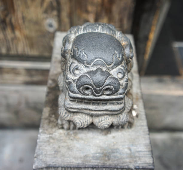 A lion sculpture at an ancient temple in Chengdu, China.