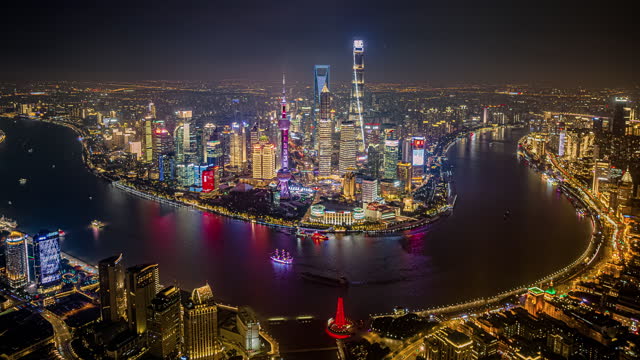 Aerial Hyperlapse  footage of Shanghai Lujiazui and the Bund night view.Timelapse.