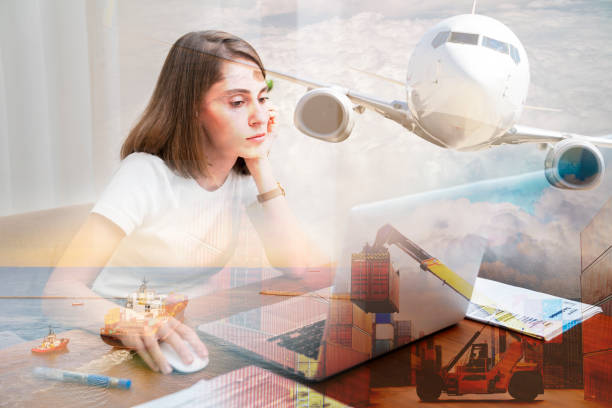 istock Global Business Network Distribution, Containers Logistics Transport Concept, Double Exposure of Freight Ship, forklift and airplane. 1472993149