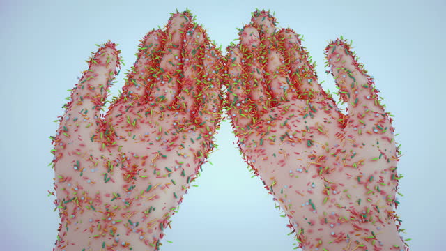Hand with bacteria and virus
