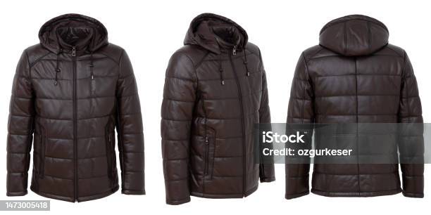Brown Leather Padded Jacket For Men On White Background Stock Photo - Download Image Now