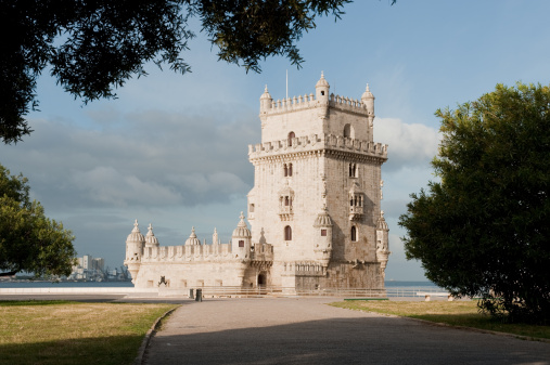 This is a day photo taken in the early morning of the Tower of Belem in Lisbon, Portugal.