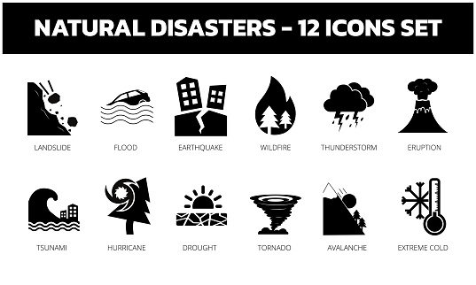 Natural Disasters icon set. Includes icons such as Earthquake, Flood, Tornado, Landslide, Volcano eruption and Drought. Flat editable vector icons.
