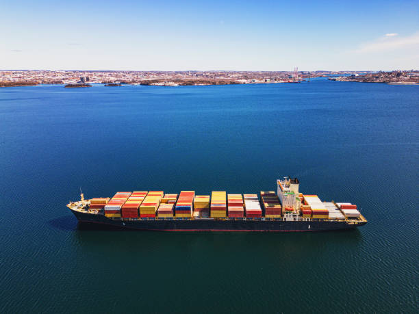 istock Aerial View of Anchored Container Ship 1473007559