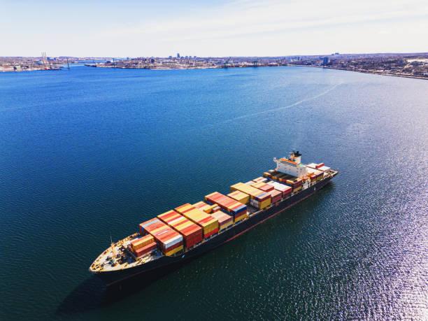 istock Aerial View of Anchored Container Ship 1473007590