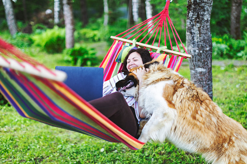 Adult woman working from home at backyard lying in hammock using laptop