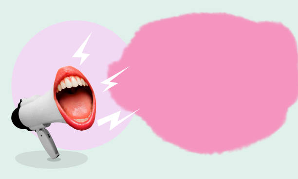 istock female mouth screaming with a megaphone in the background. Modern design, modern creative art collage. 1473009636