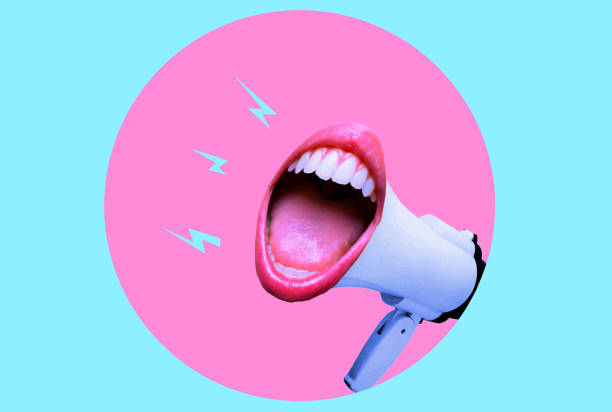 istock female mouth screaming with a megaphone in the background. Modern design, modern creative art collage. 1473010000