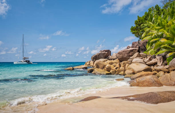 Praslin is the second largest island of the Seychelles, lying 44 km (27 mi) northeast of Mahé. Praslin has a population of around 7,533 people and comprises two administrative districts: Baie Sainte Anne and Grand' Anse. The main settlements are the Baie Ste Anne, Anse Volbert and Grand' Anse. Seychelles, officially the Republic of Seychelles, is an archipelago country in the Indian Ocean. The Granitic Seychelles are the islands in the Seychelles which lie in central position on the Seychelles Bank and are composed of granite rock. They make up the majority of the Inner Islands, which in addition include the coral islands along of the rim of the Seychelles Bank, namely Bird Island and Denis Island.
