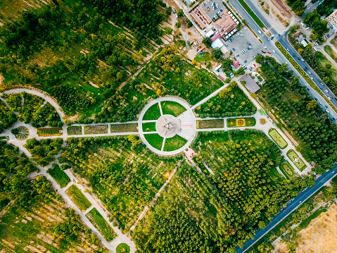 Aerial top down view of Victory park in Bishkek city Kyrgyzstan