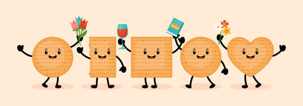 ilustrações de stock, clip art, desenhos animados e ícones de passover holiday banner design with matzah funny cartoon characters. - passover seder plate seder judaism