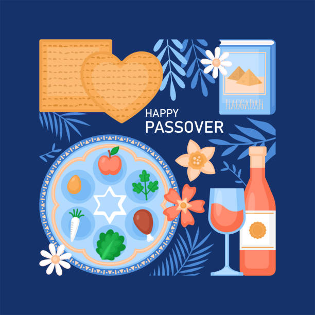 유월절 휴일 인사말 카드 디자인은 matzah, seder 플레이트, 와인 및 봄 꽃입니다. 벡터 그림 - passover seder judaism seder plate stock illustrations