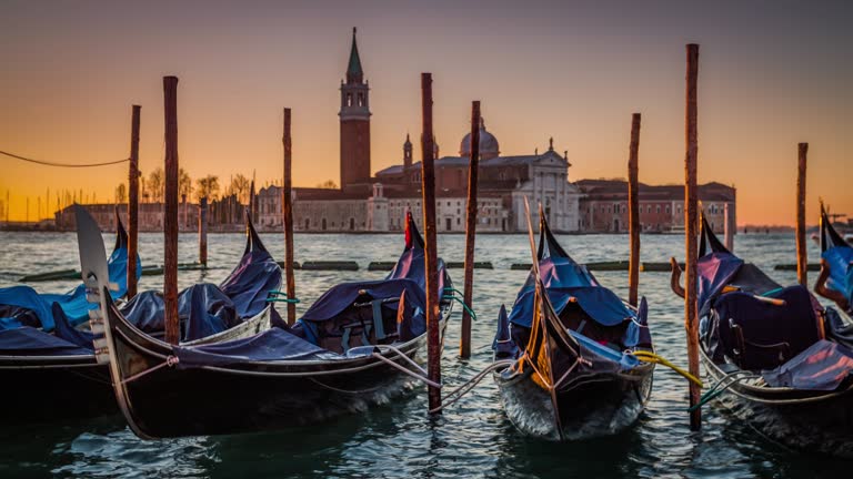 Venice in Italy, moored gondolas