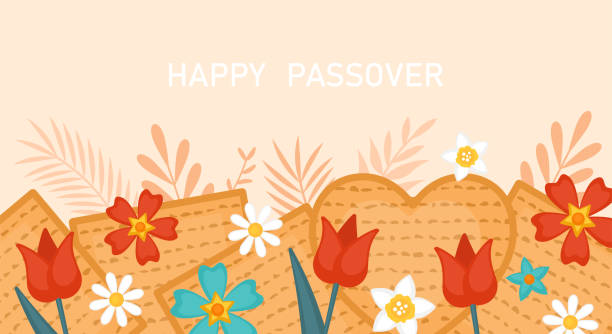 Passover Pesah holiday banner design with matzah and spring flowers Passover Pesah holiday banner design with matzah and spring flowers. Greeting card or seder party invitation template passover stock illustrations