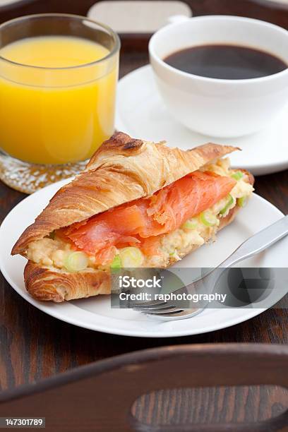 Delicious Breakfast Of Croissant And Smoked Salmon Stock Photo - Download Image Now - Black Coffee, Breakfast, Coffee - Drink