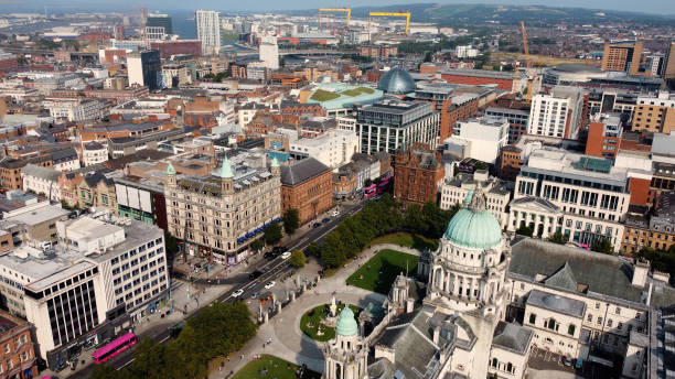 Aerial photo of Belfast City Skyline Cityscape in Northern Ireland Aerial photo of Belfast City Skyline Cityscape Northern Ireland belfast stock pictures, royalty-free photos & images