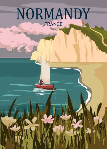 Vector illustration of Travel poster Normandy France, vintage seascape rock cliff