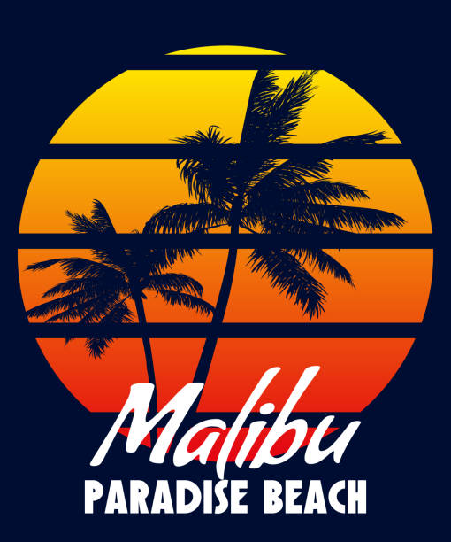 ilustrações de stock, clip art, desenhos animados e ícones de malibu paradise beach sunset print t-shirt design. poster retro palm tree silhouettes - letter t tree typescript alphabet