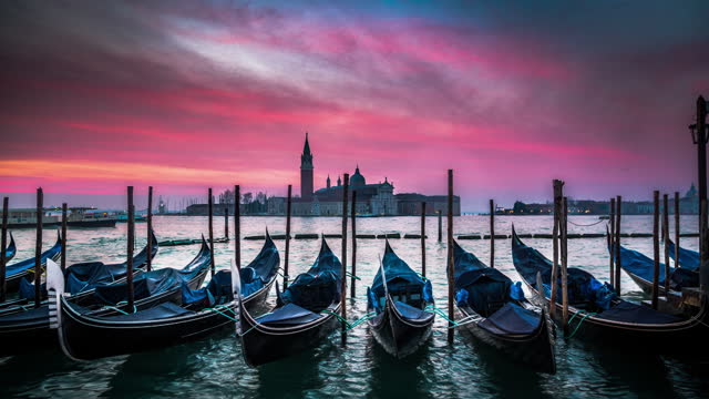 Moored Gondolas in Venice at sunrise