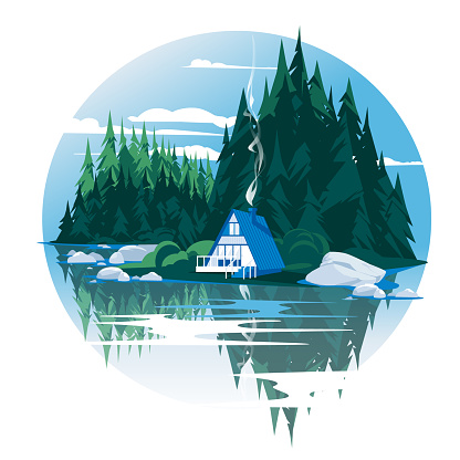 wooden holiday house on the coniferous shore of the lake. Reflection in water. Bright summer day. Ideas for leisure. Vector illustration