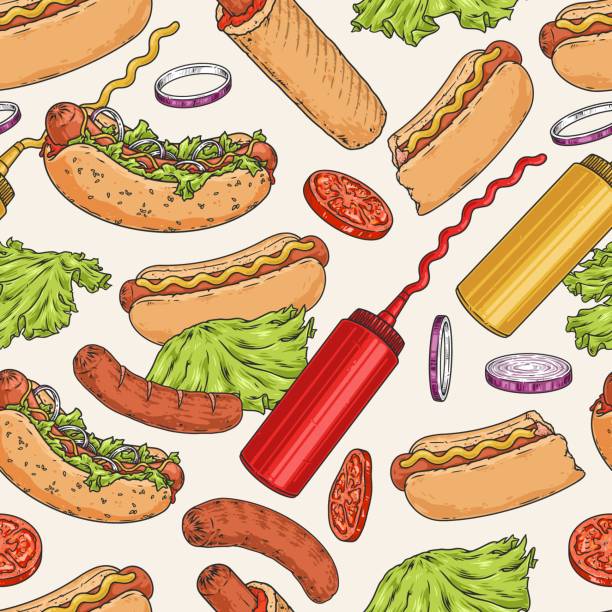 Hot Dog pattern seamless colorful Hot Dog pattern seamless colorful with sausages and vegetables for delicious sandwich for advertising cafe with street food vector illustration vienna sausage stock illustrations